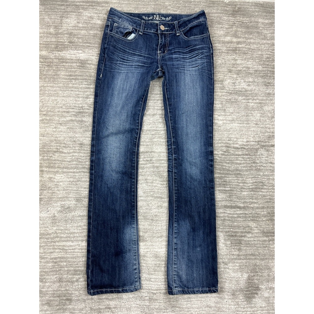NU Jeans Women Size 7 Blue Dark Wash Bootcut Whiskered Flap Pocket Stretch Denim